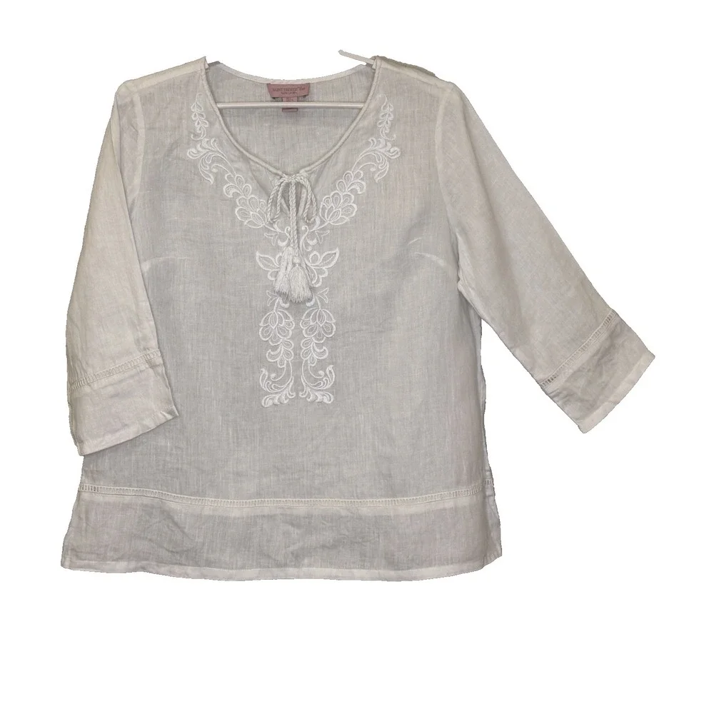 Saint Tropez West Pullover Top Womens Large White 100% Linen Embroidered V-Neck